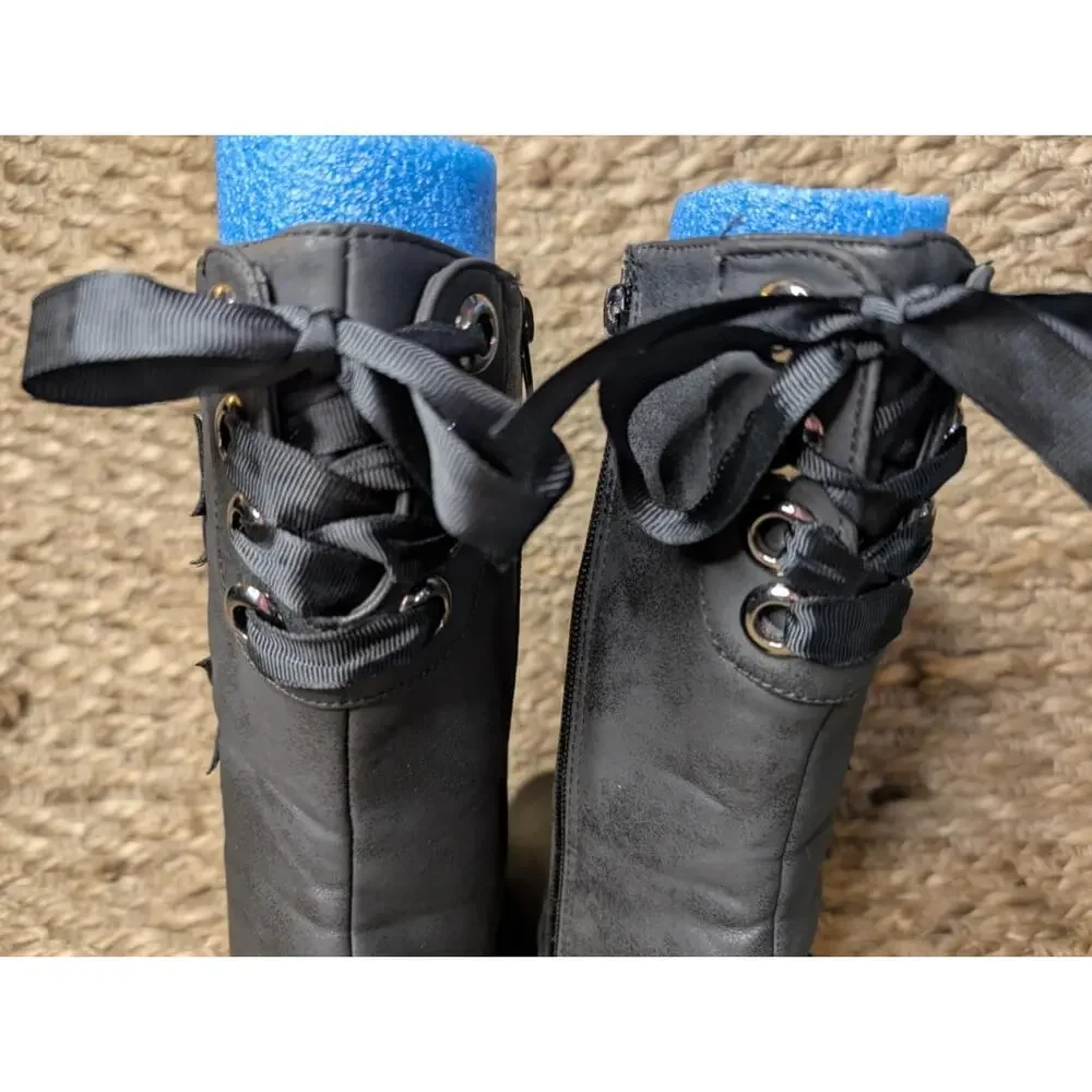 Nicole Miller Girls Leather Black Boots Bow Tie Back Metallic Rockstar Size 13